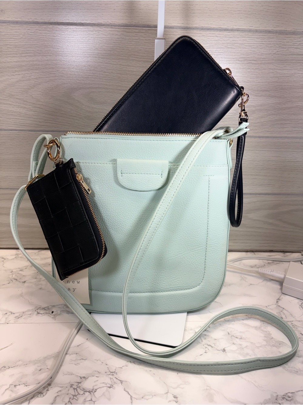 Women's Mint Crossbody Bag with Black Wallet Set